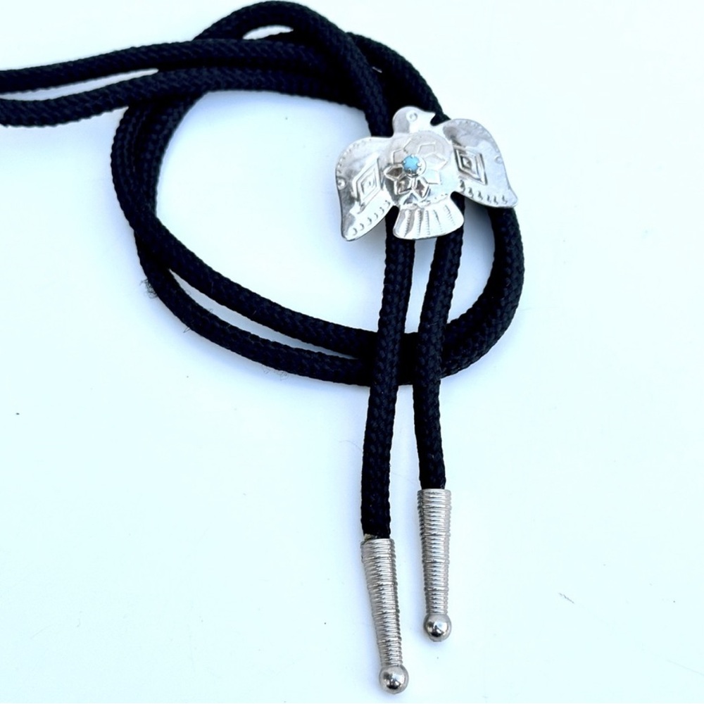 Reclaimed Vintage Black Bolo Tie with Silver Eagle Pendant